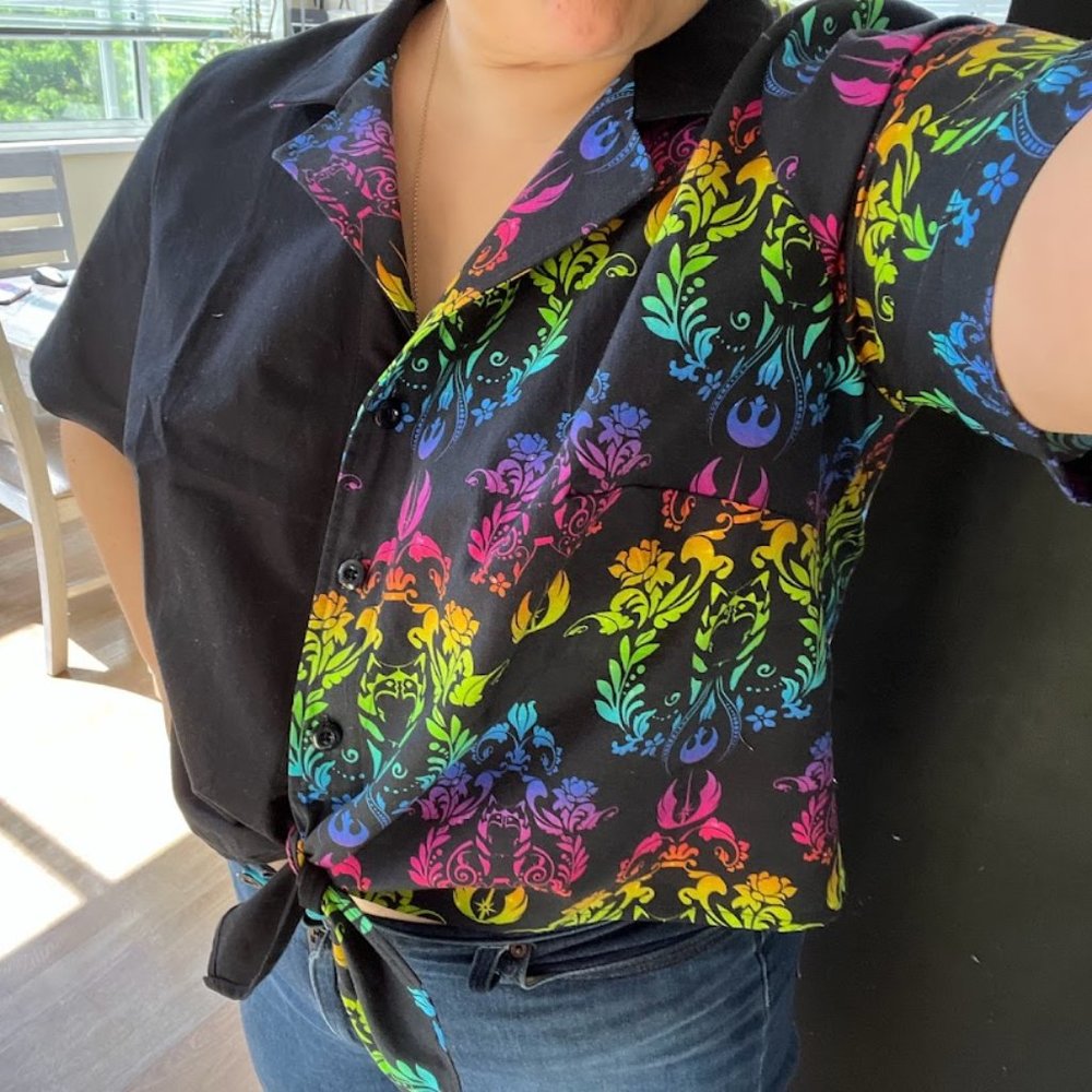Women's Black Short-Sleeve Button Front Top with Rainbow Floral Print